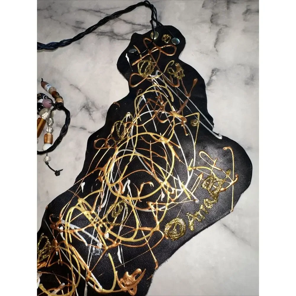 NEW Handmade GENUINE ITALIAN LEATHER Belt Sash Black Gold Silver Beaded OSFA‎